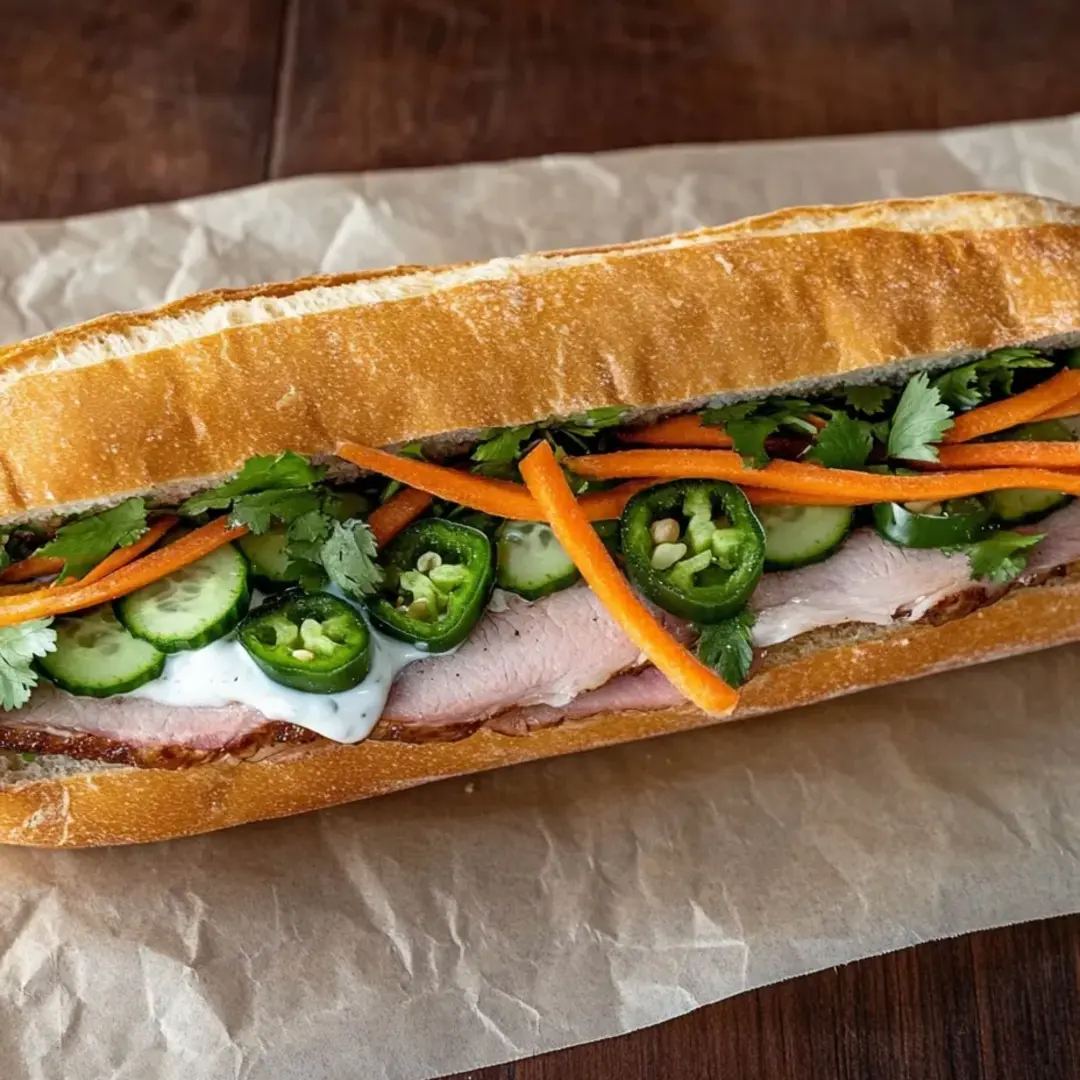 A sandwich with carrots, jalapenos, and cucumbers.