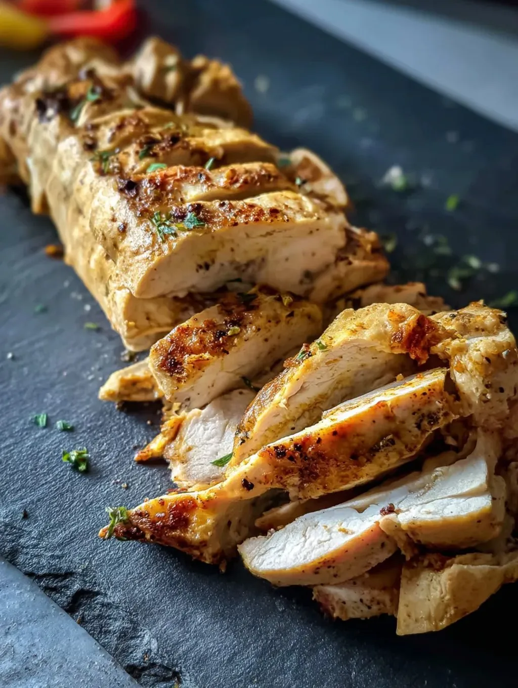 Chicken on a black plate.