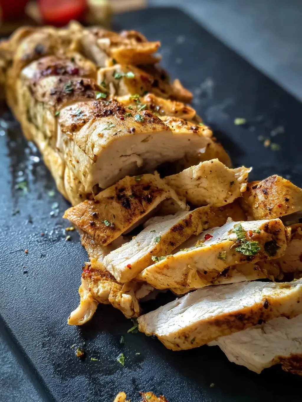 A plate of chicken with peppers and herbs.