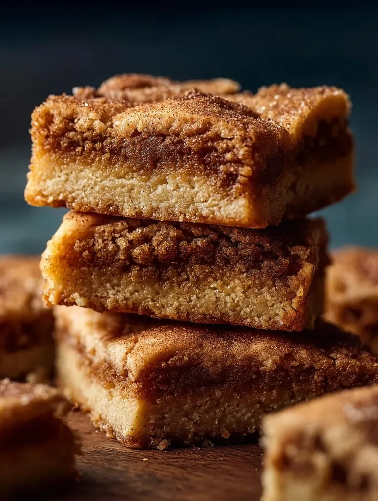 A stack of cake bars with a brown sugar topping.