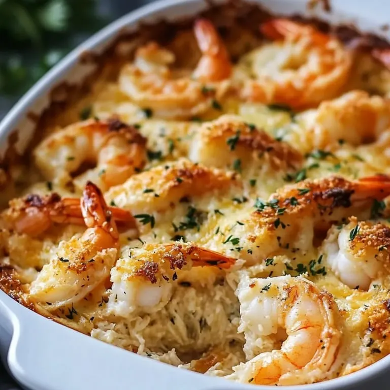 A white bowl filled with shrimp and cheese.