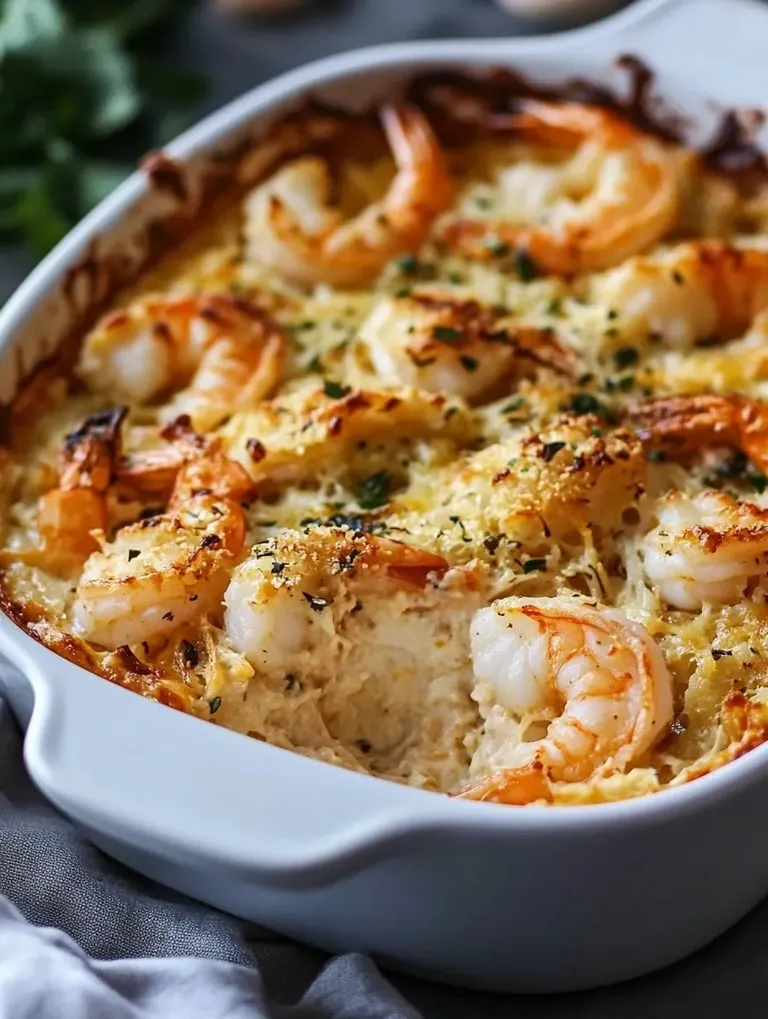 A white bowl filled with shrimp and cheese.