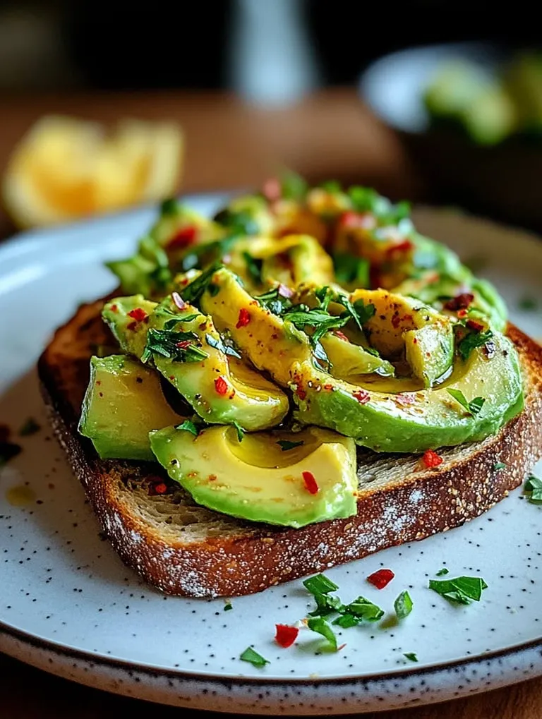 A slice of toast with avocado and peppers on it.