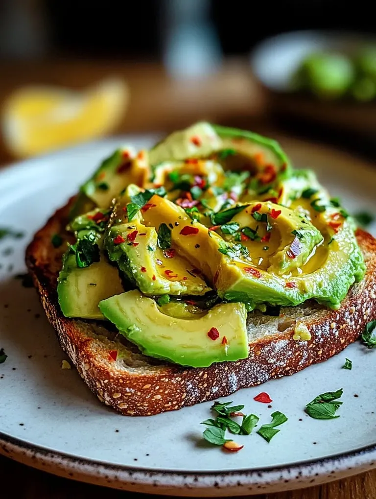 A slice of toast with avocado and peppers on it.