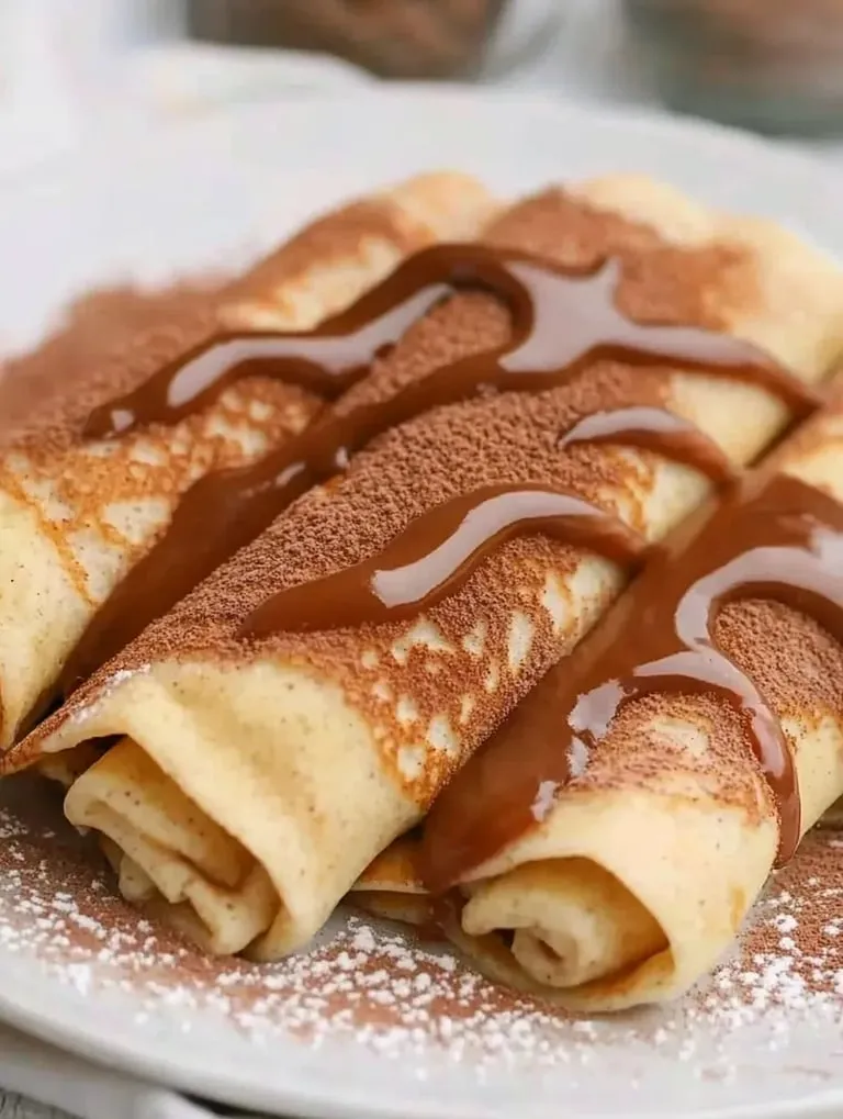 Chocolate sauce drizzled over a crepe.