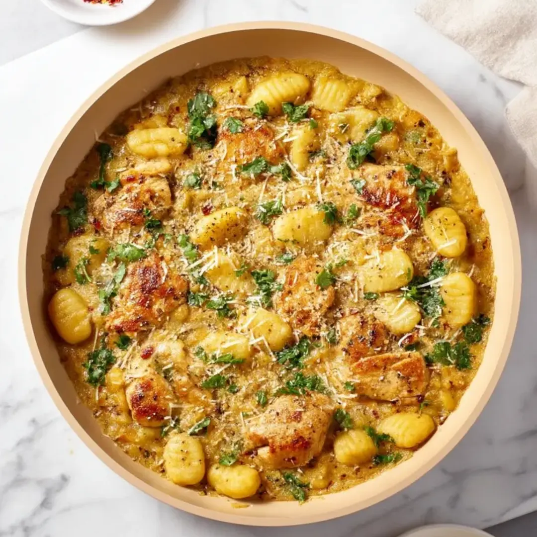 A bowl of food with chicken, pasta, and vegetables.