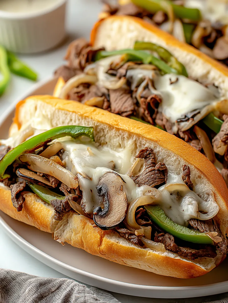 A sandwich with meat and mushrooms on a plate.