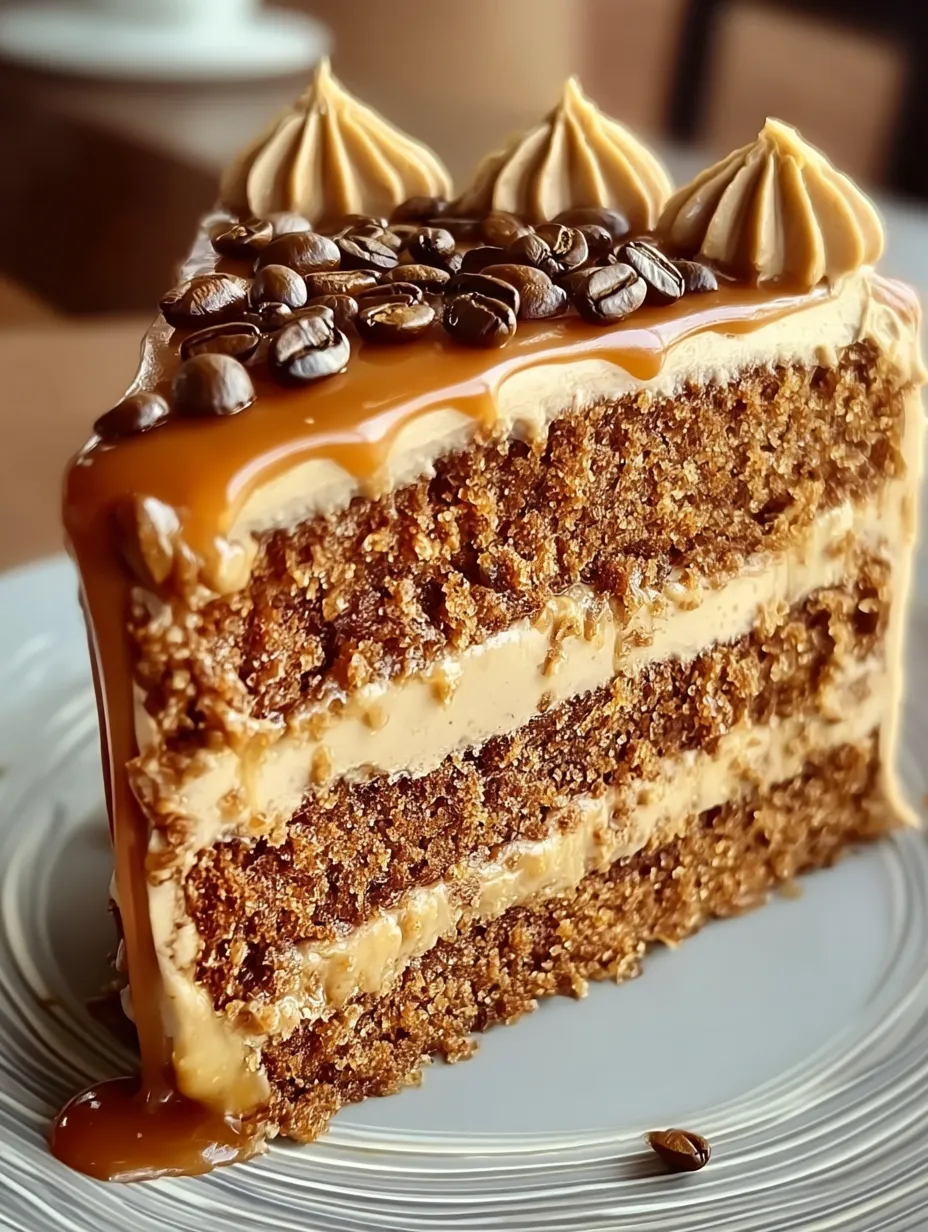 A slice of cake topped with caramel frosting.
