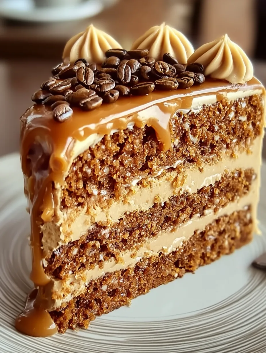 A cake slice with caramel dripping down the sides.
