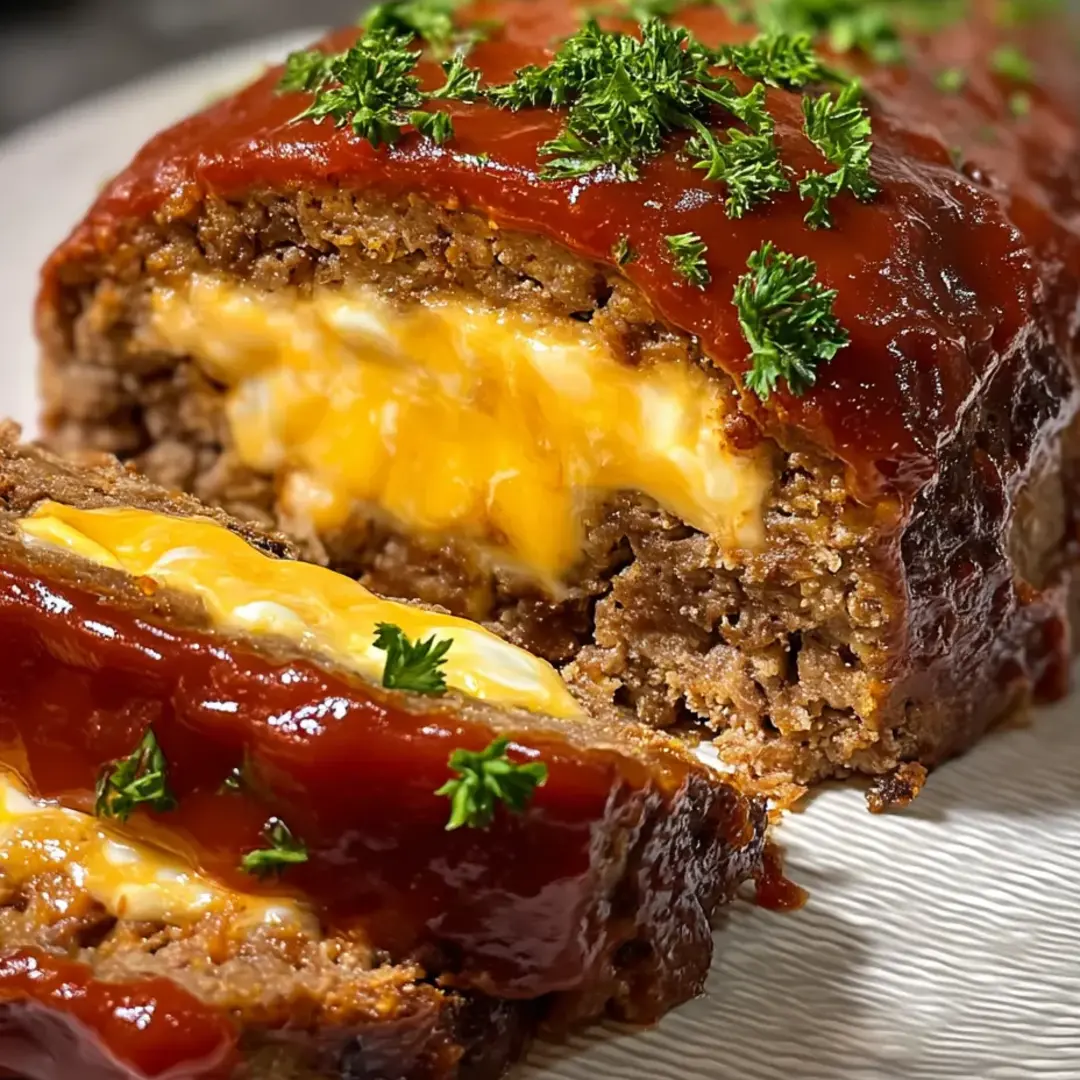 A piece of meat with cheese and herbs on top.