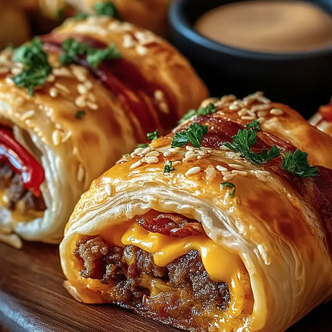 A pastry with cheese and bacon wrapped around it.