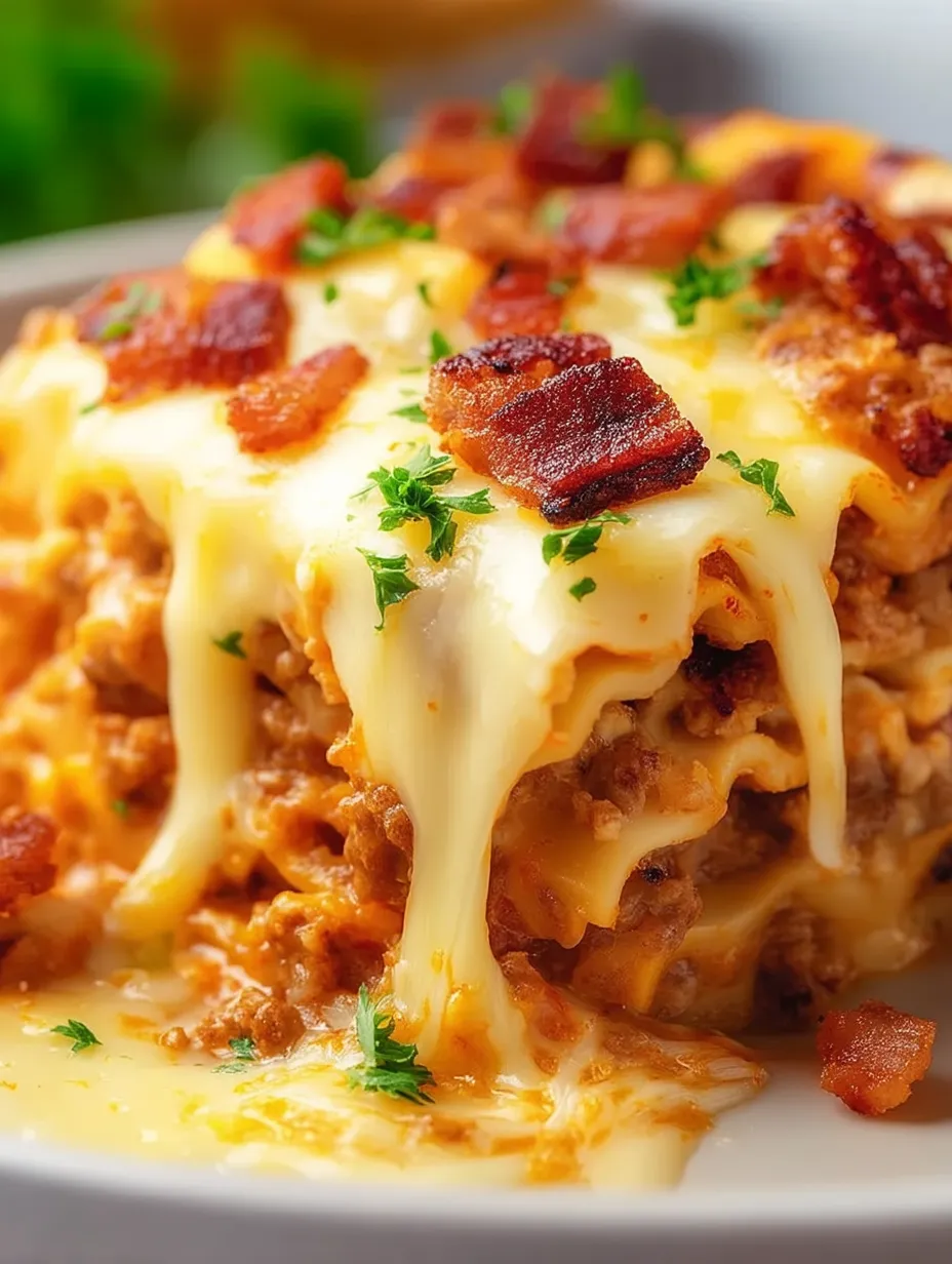 A plate of food with cheese and bacon.