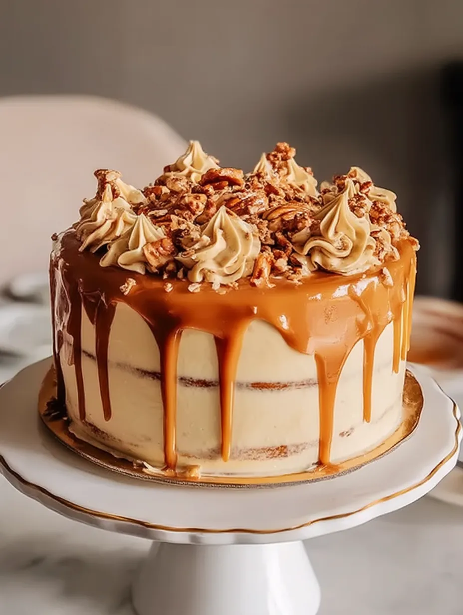 A cake topped with smooth caramel coating.