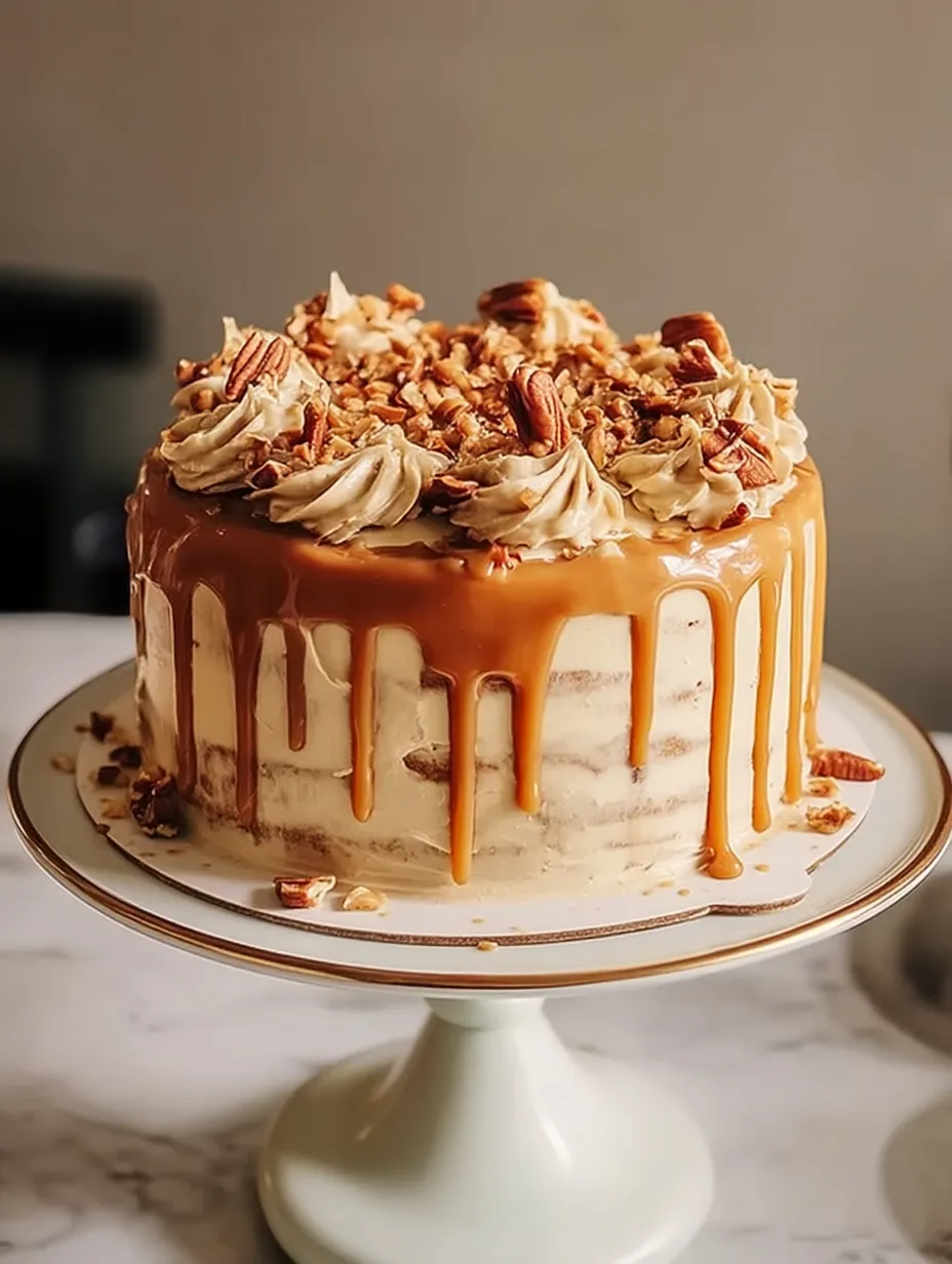 A cake with caramel flowing down the sides.