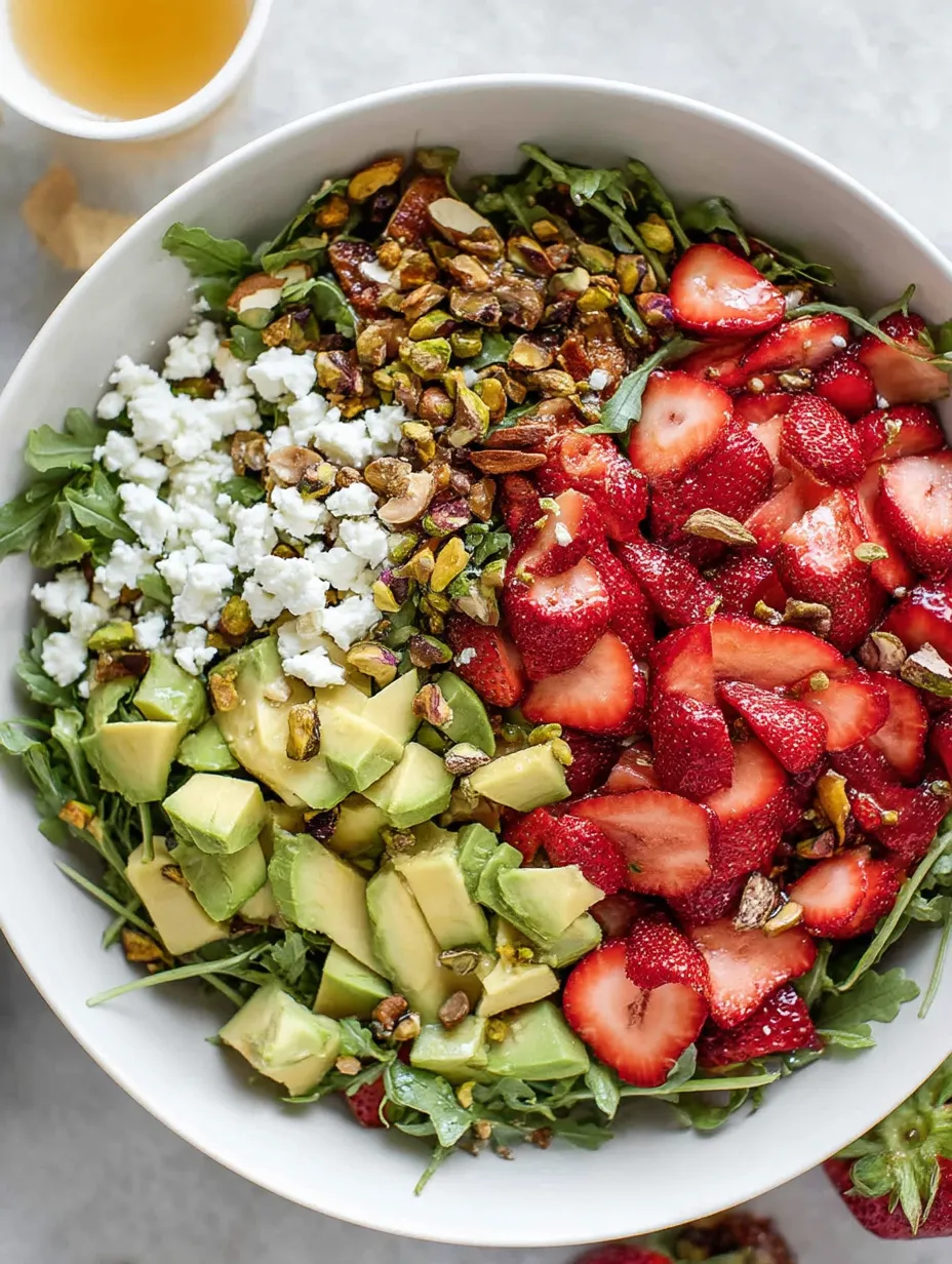 A bowl of fruit salad with strawberries, avocado, and nuts.