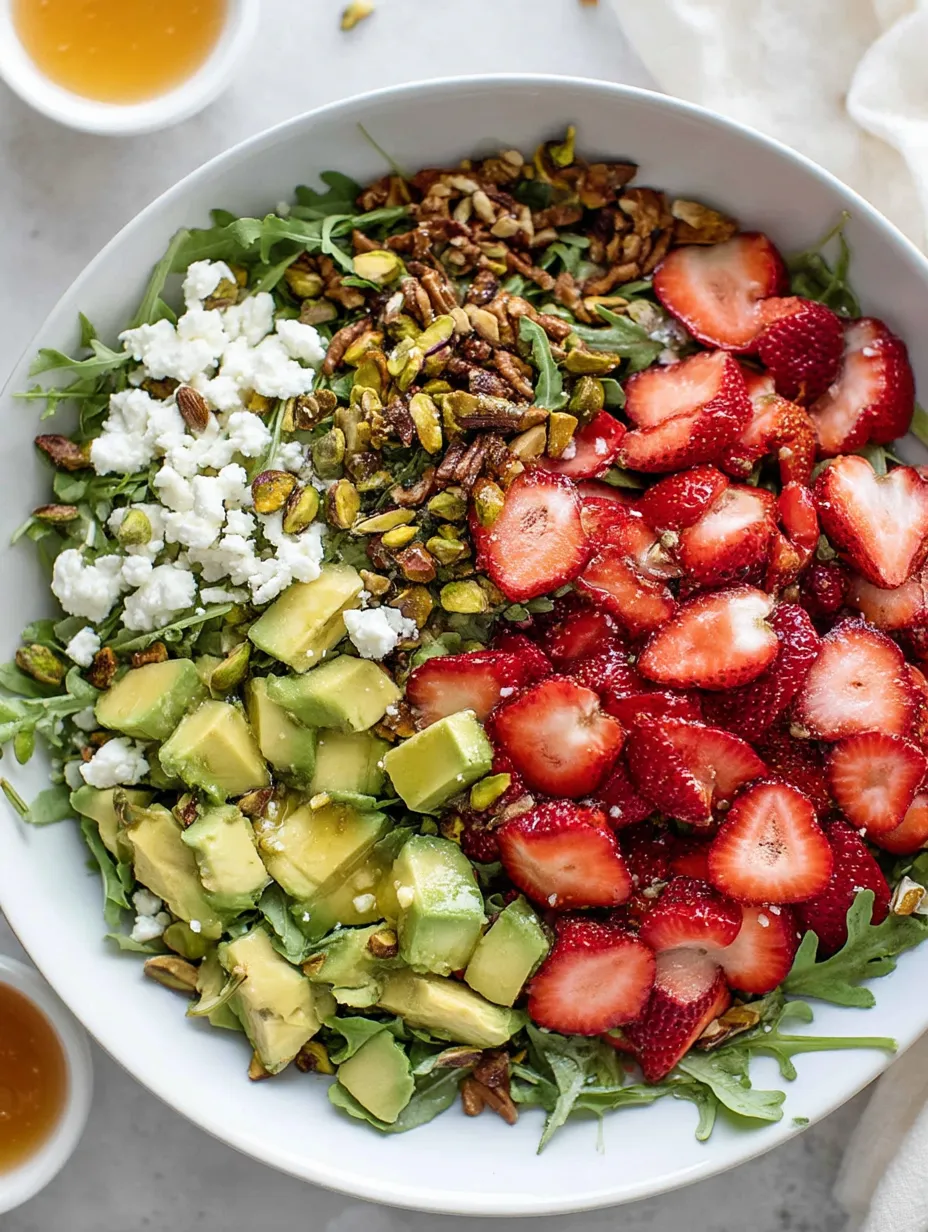 A bowl of fruit salad with strawberries, avocado, and feta cheese.