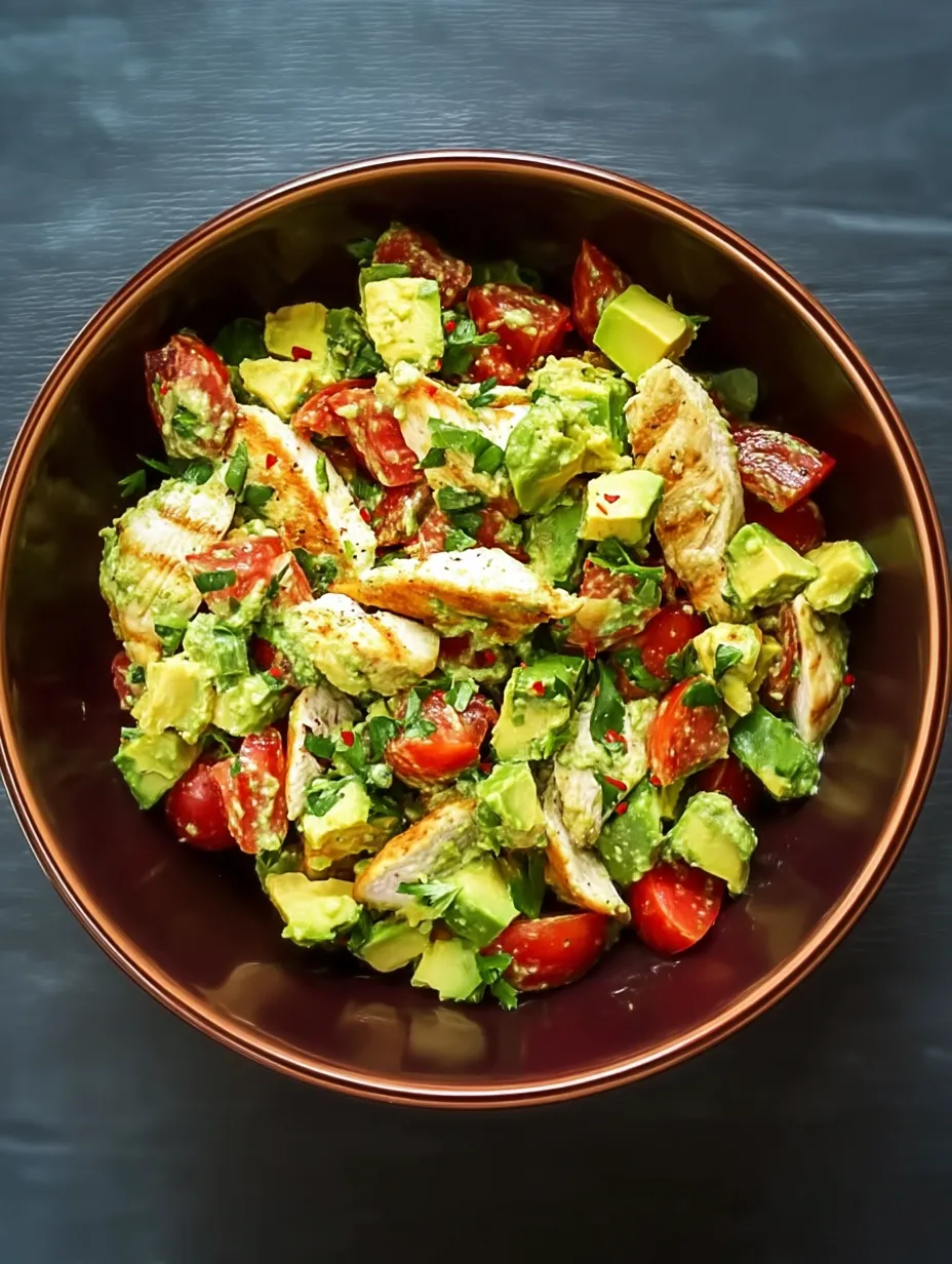 A bowl of chicken and avocado salad.