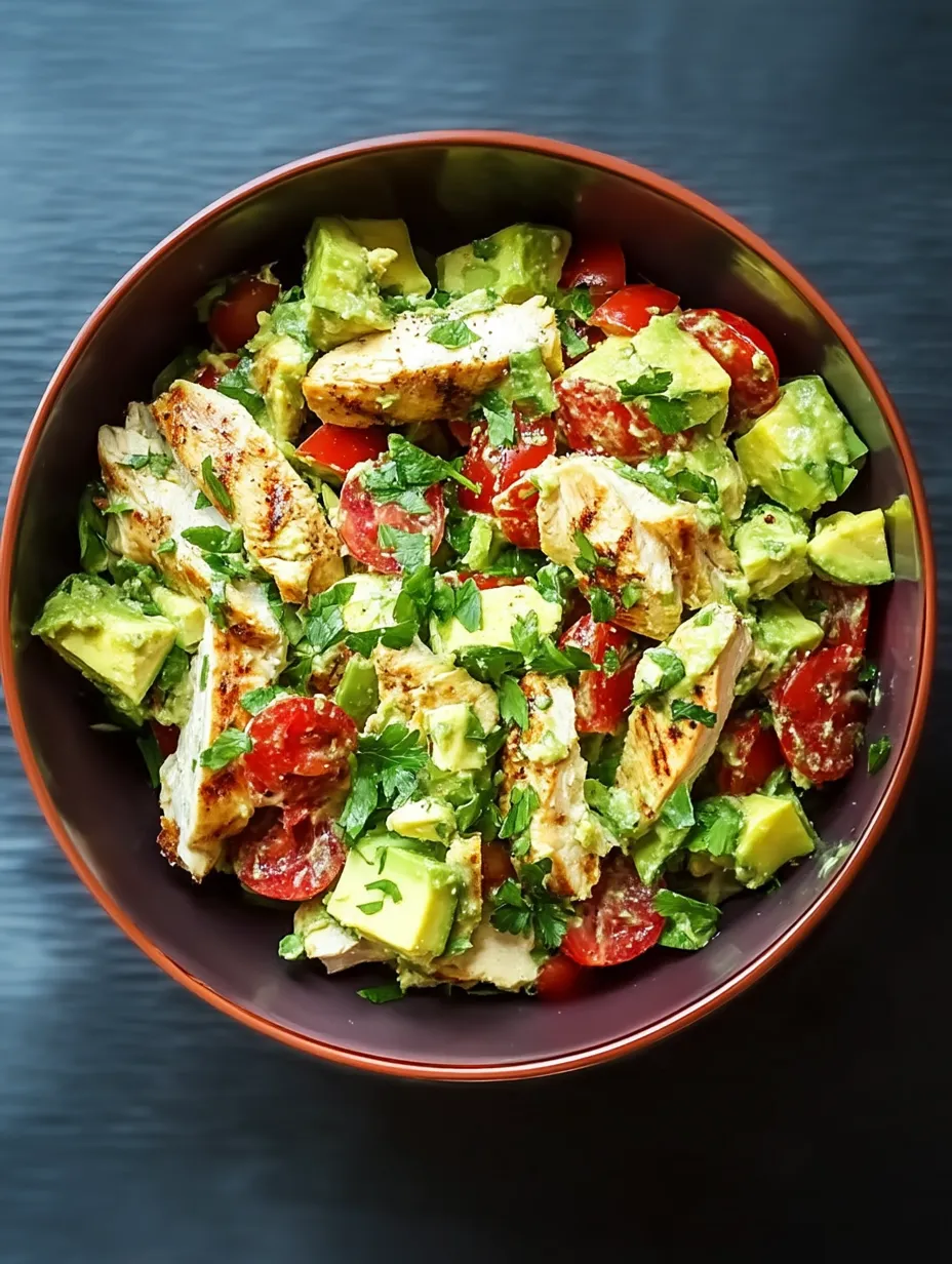 A bowl of chicken, tomatoes, and avocado.