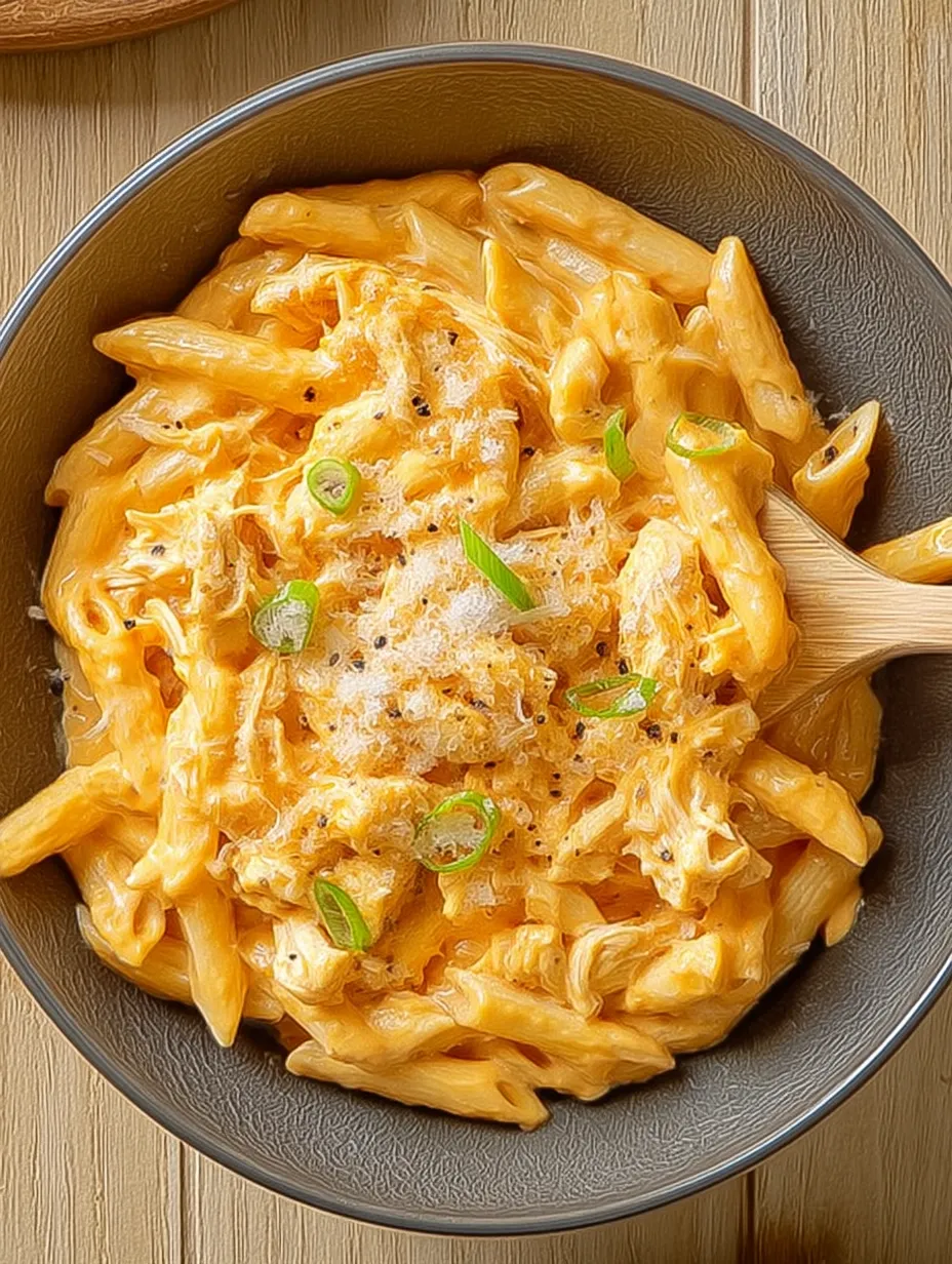 A bowl of pasta with chicken and cheese.