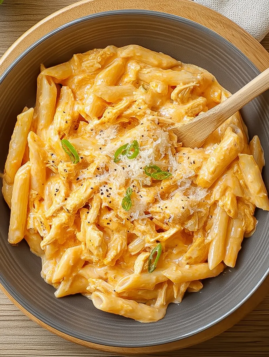 A bowl of pasta with chicken and cheese.