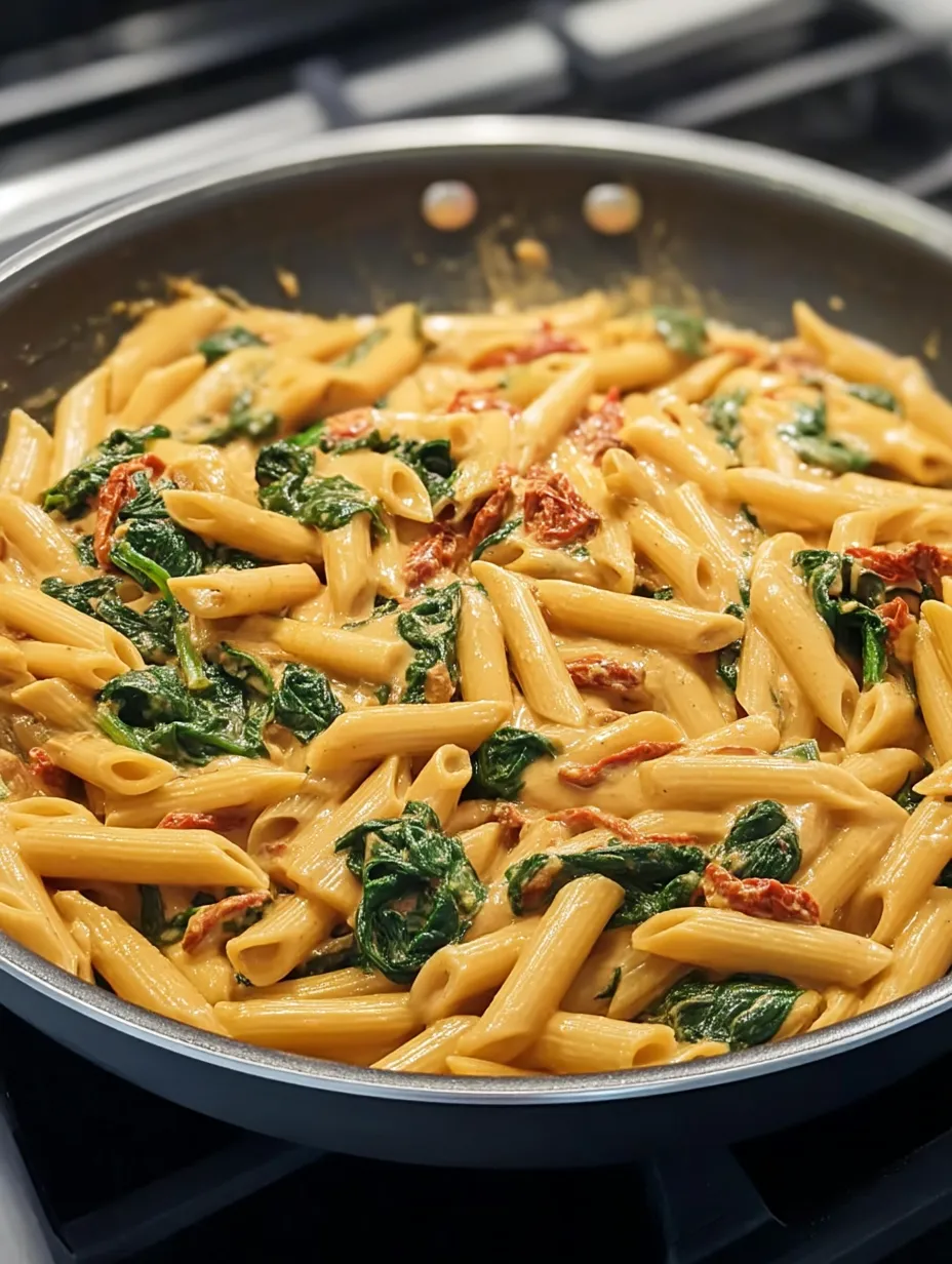 A pan of pasta with spinach and tomato sauce.