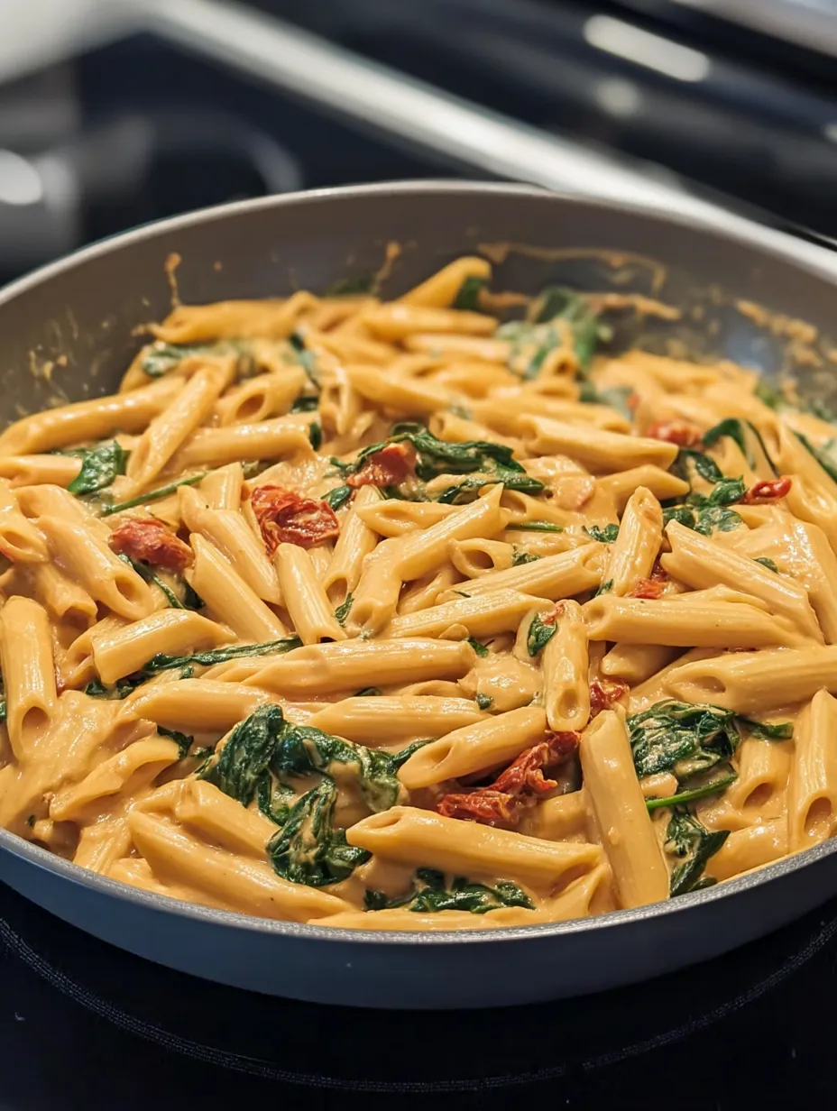 A pan of pasta with spinach and tomatoes.