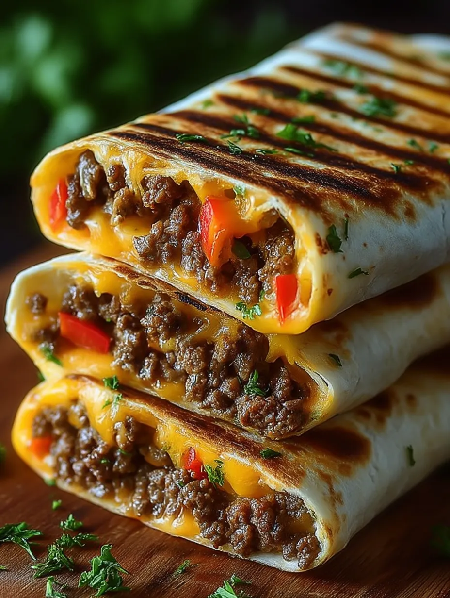 A stack of three burritos with meat and cheese.