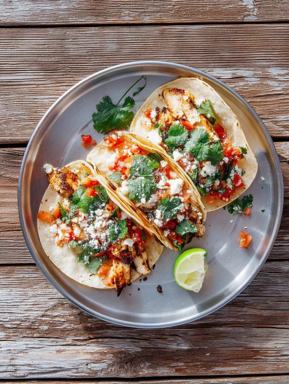 A plate of food with two tacos and a lime wedge.