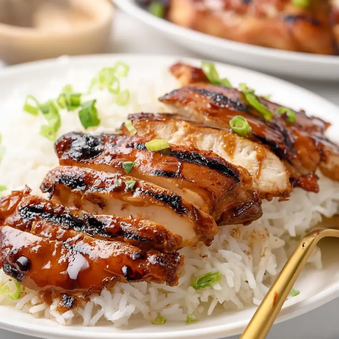Chicken pieces served over rice on a plate.