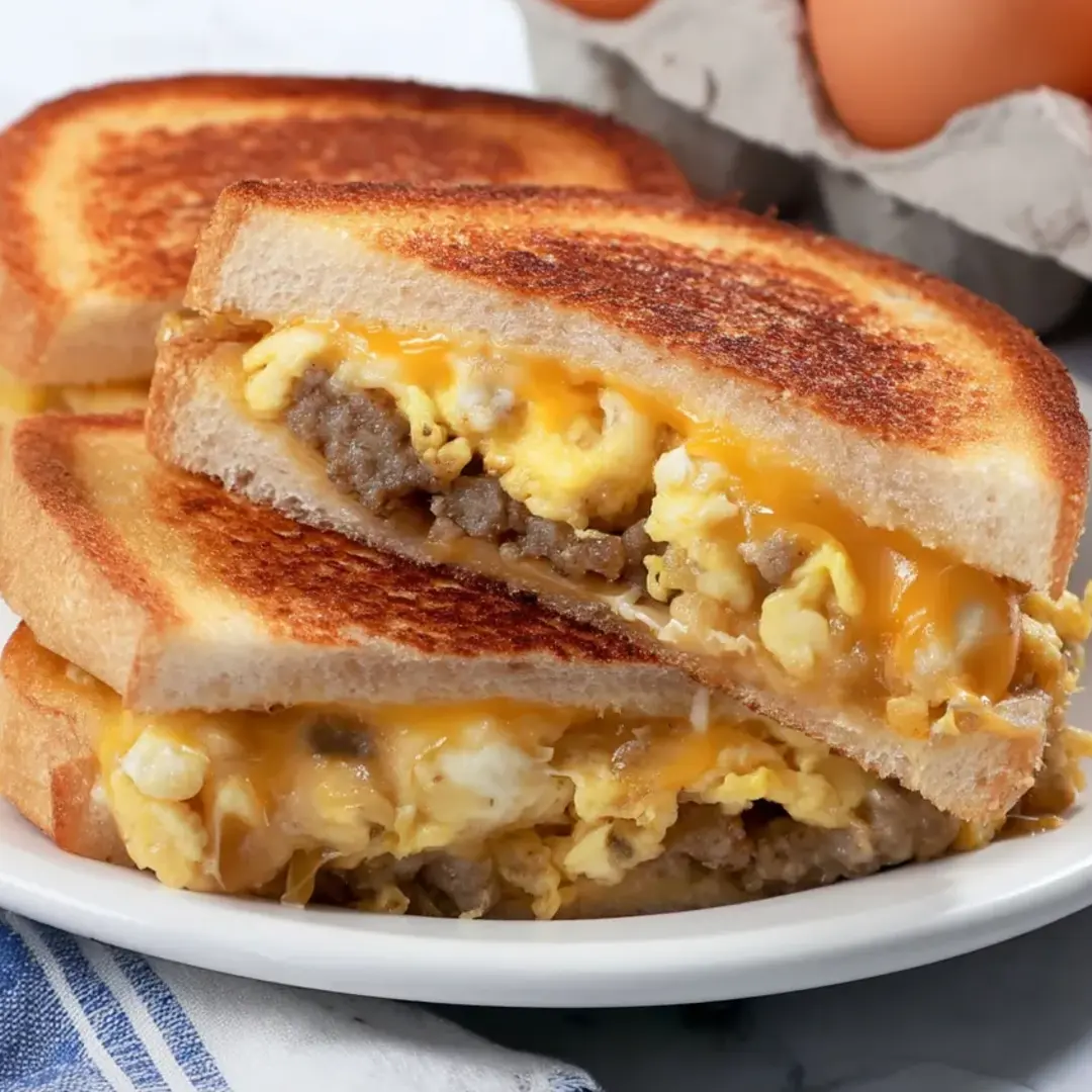 Two grilled cheese sandwiches with eggs.