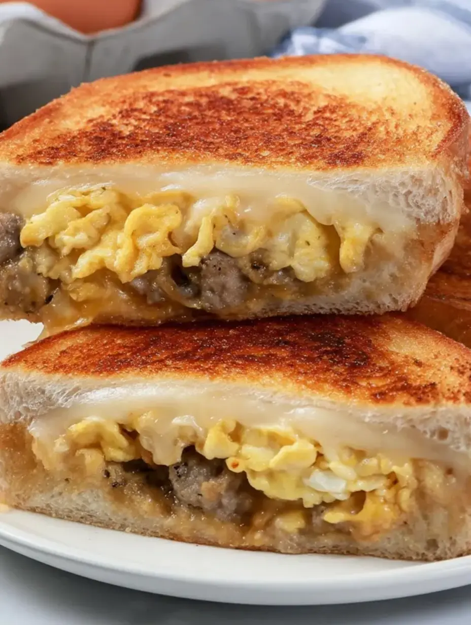A sandwich with eggs and sausage.
