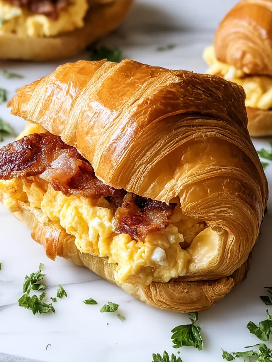 A croissant sandwich with bacon and egg filling.