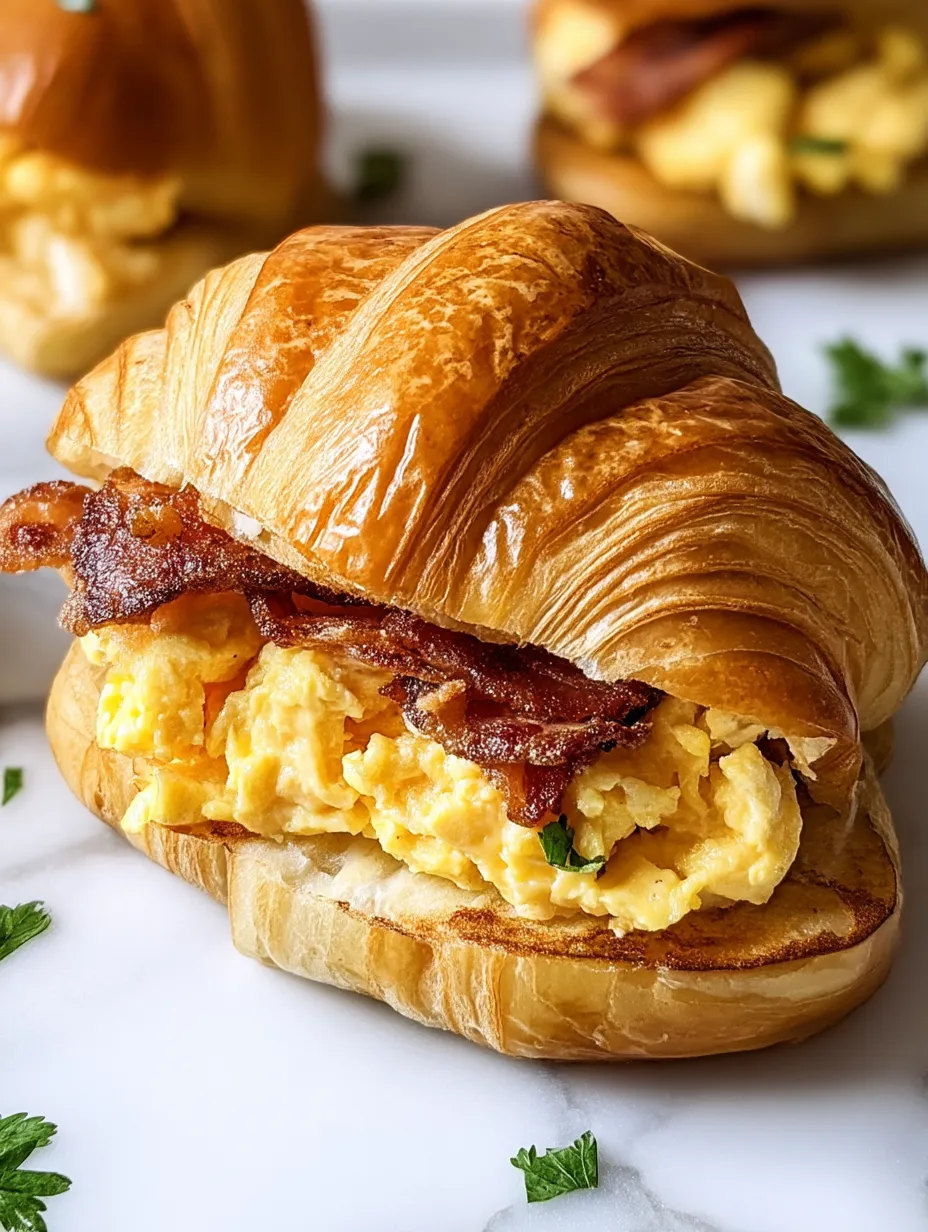 A croissant sandwich with bacon and egg.