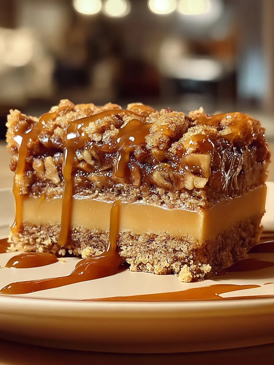 A slice of caramel cake with walnuts.