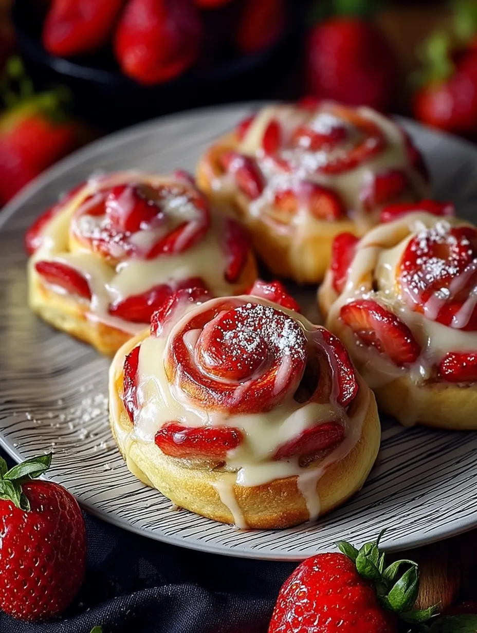 Three pastries with strawberries on top.