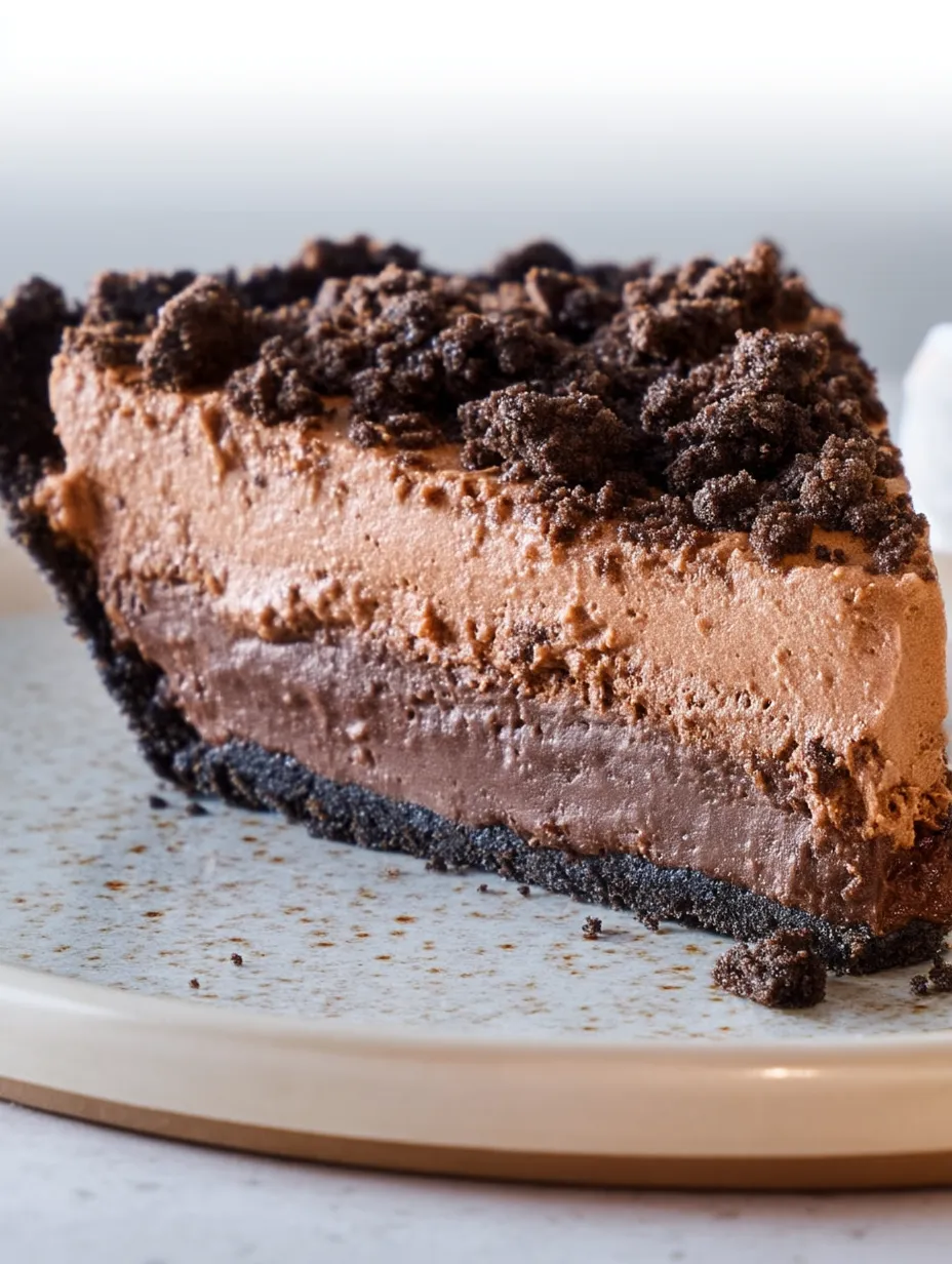 A slice of chocolate cake with chocolate chips.