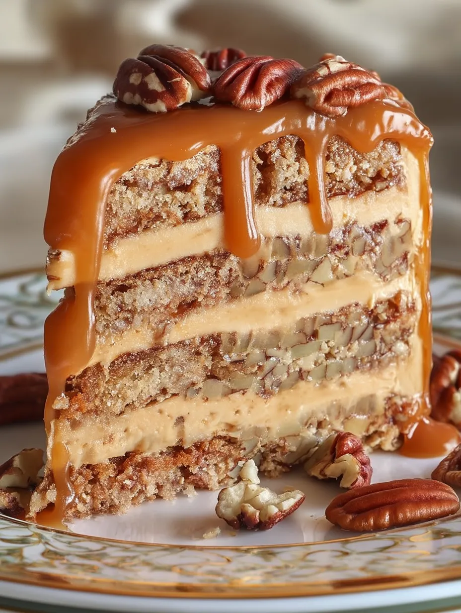 A slice of cake with pecans and caramel.