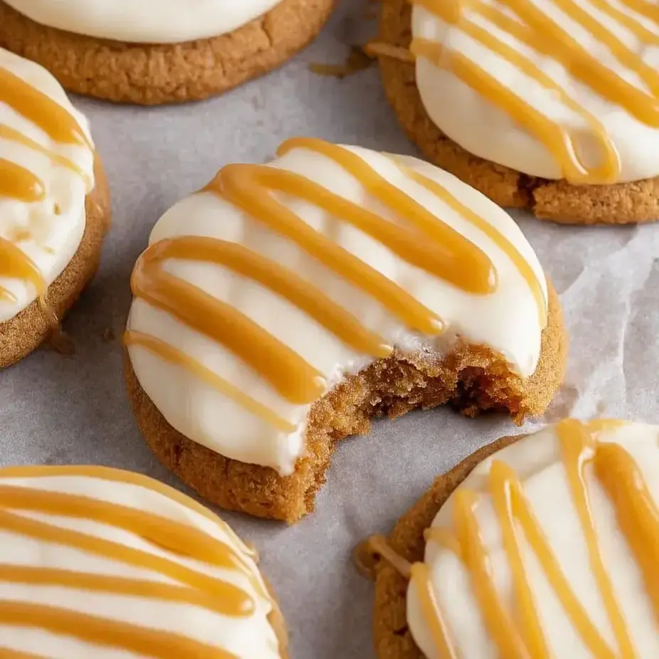 A cookie with white icing and caramel drizzle.
