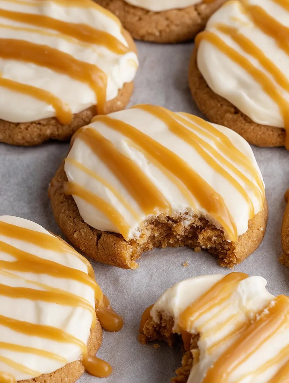 A cookie with white icing and caramel drizzle.