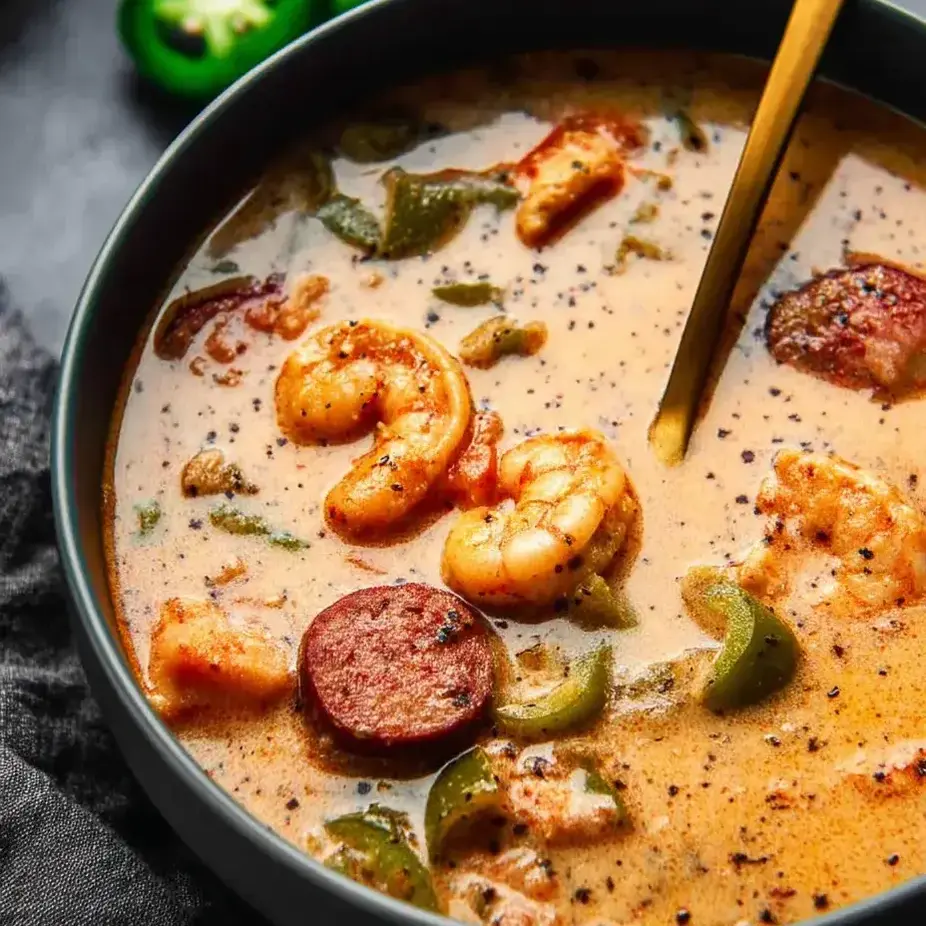 A bowl of soup with shrimp and peppers.
