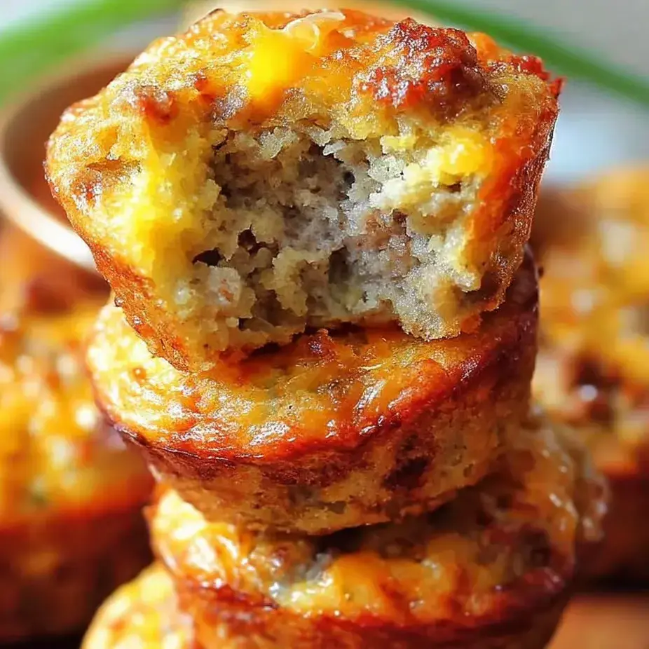 A stack of miniature pizzas with cheese and sausage.