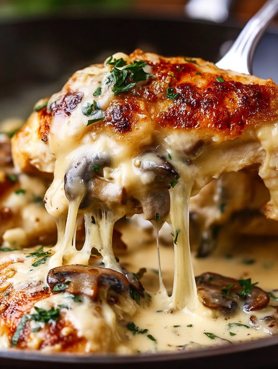 A piece of chicken with mushrooms and cheese.