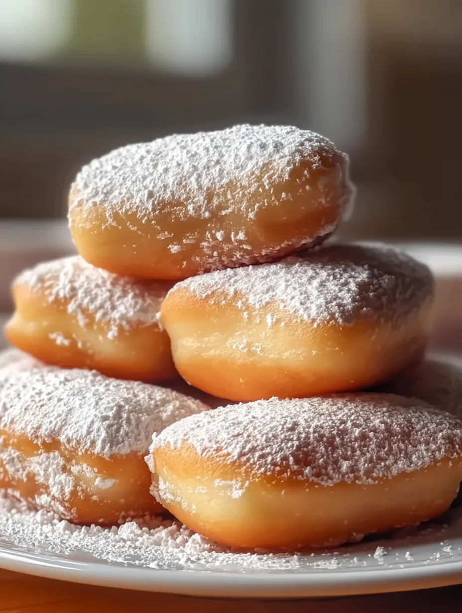 Powdered sugar doughnuts stacked on a plate.