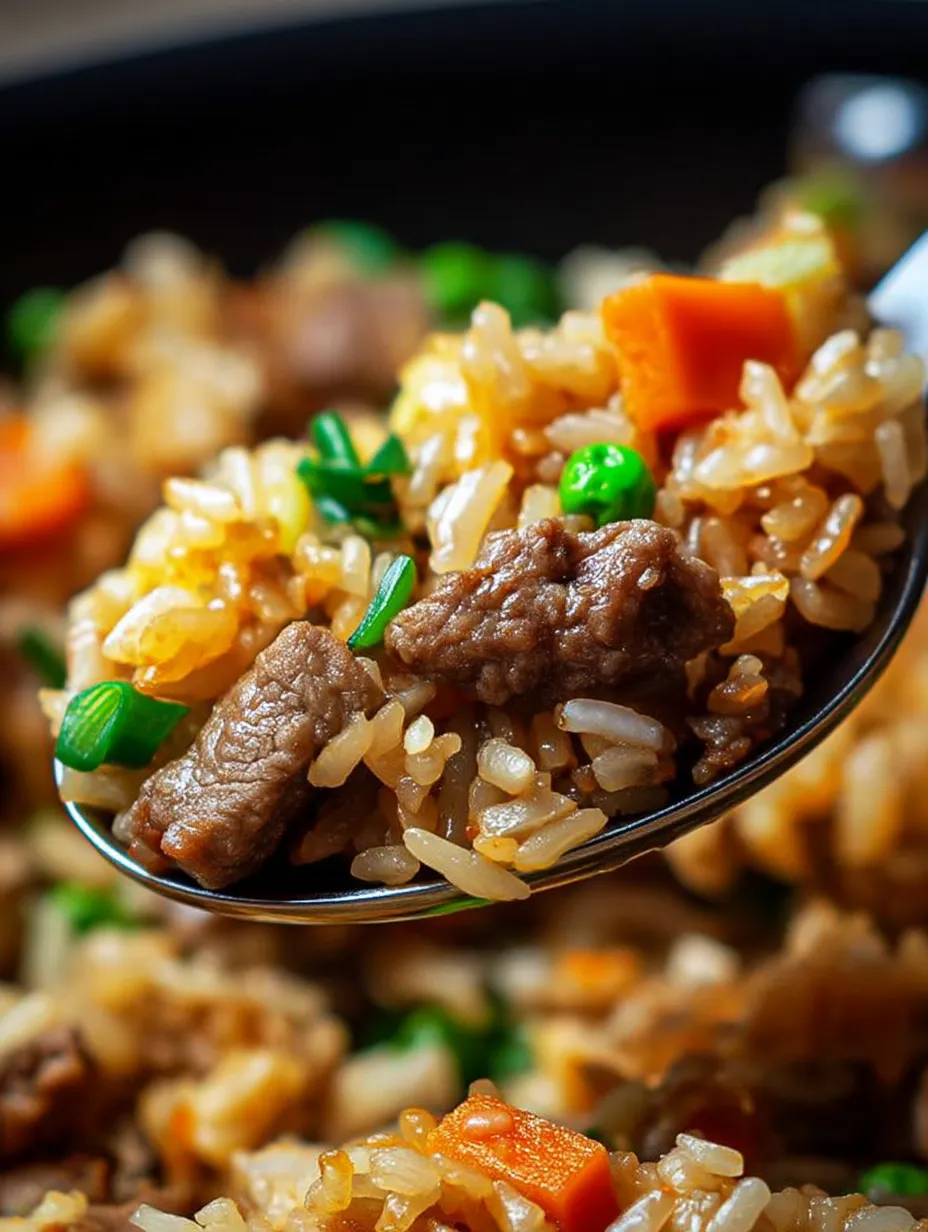A spoon full of rice and meat.