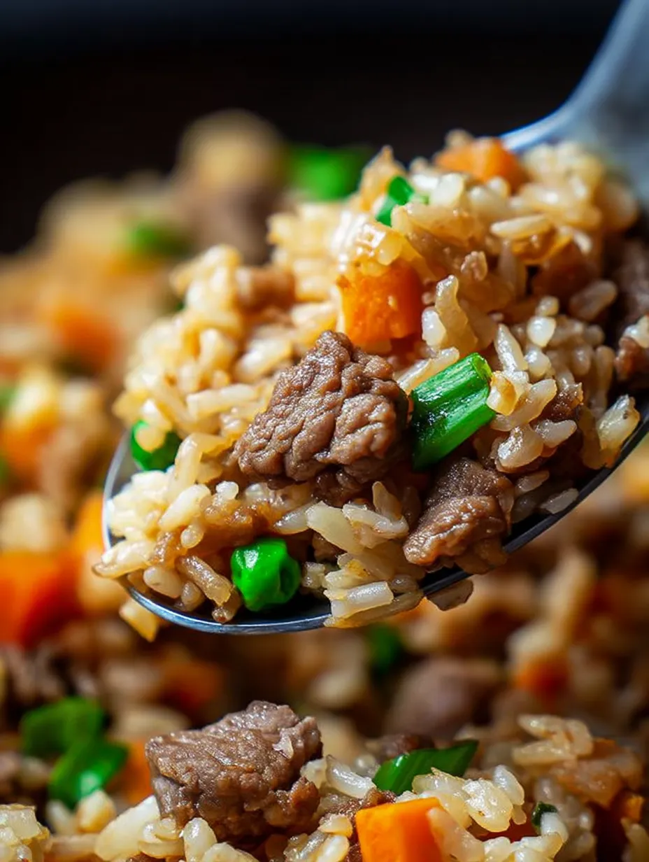 A spoon full of rice and meat.