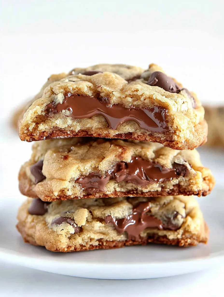 Three chocolate chip cookies stacked on a plate.