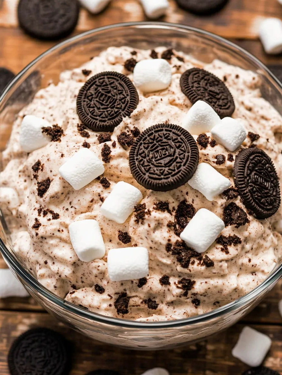 A bowl of dessert with marshmallows and Oreo cookies.