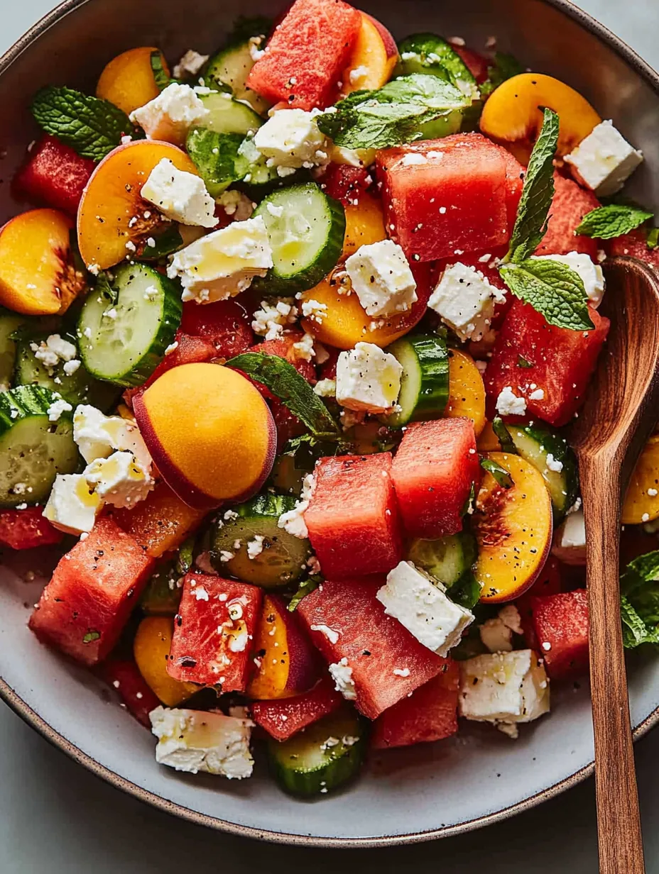 A bowl of fruit salad with watermelon, cucumber, and feta cheese.