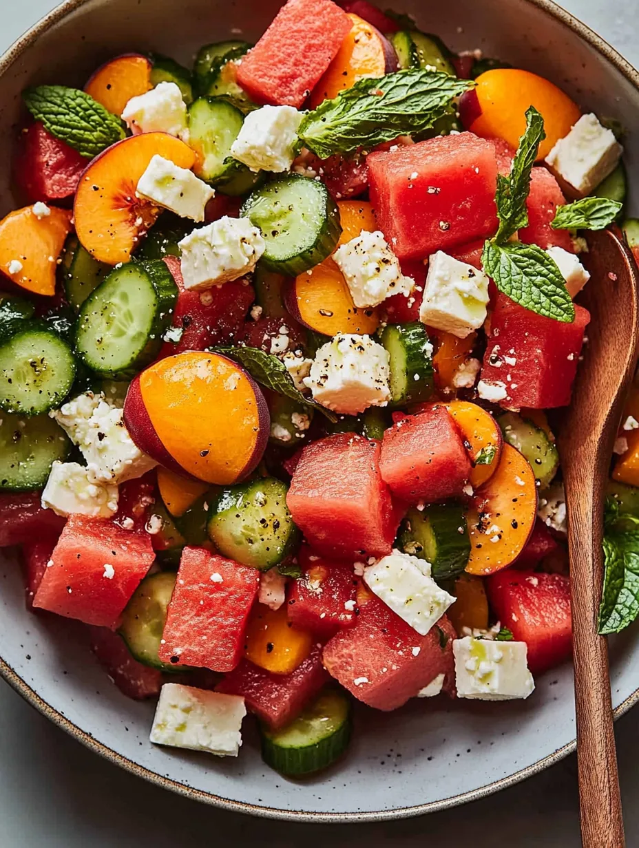 A bowl of fruit salad with watermelon, cucumber, and feta cheese.