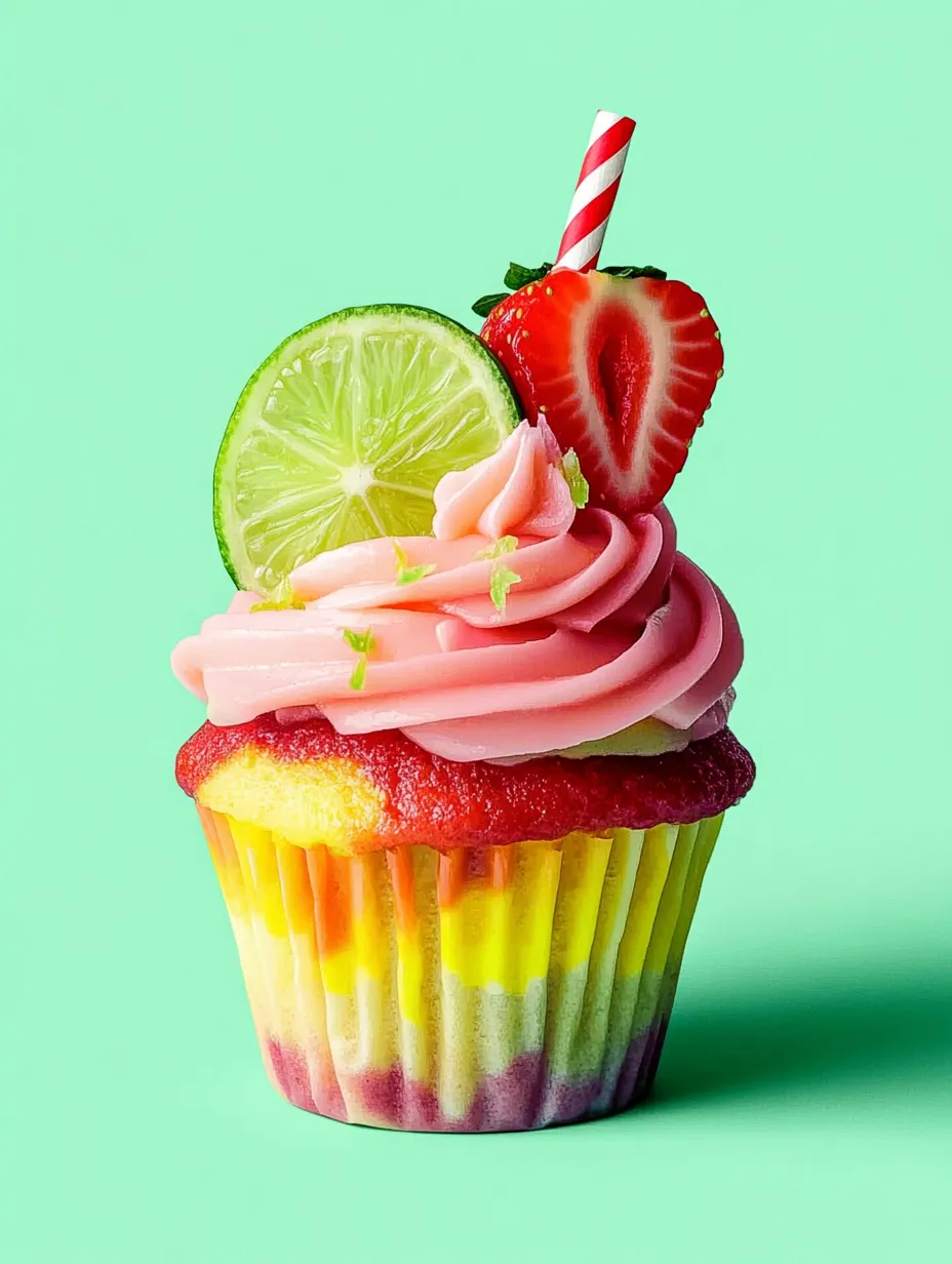A cupcake with a lime wedge and a strawberry on top.